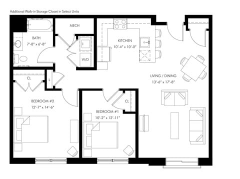 Floor plan for 2 beds, 1 bath, 1050 sqft